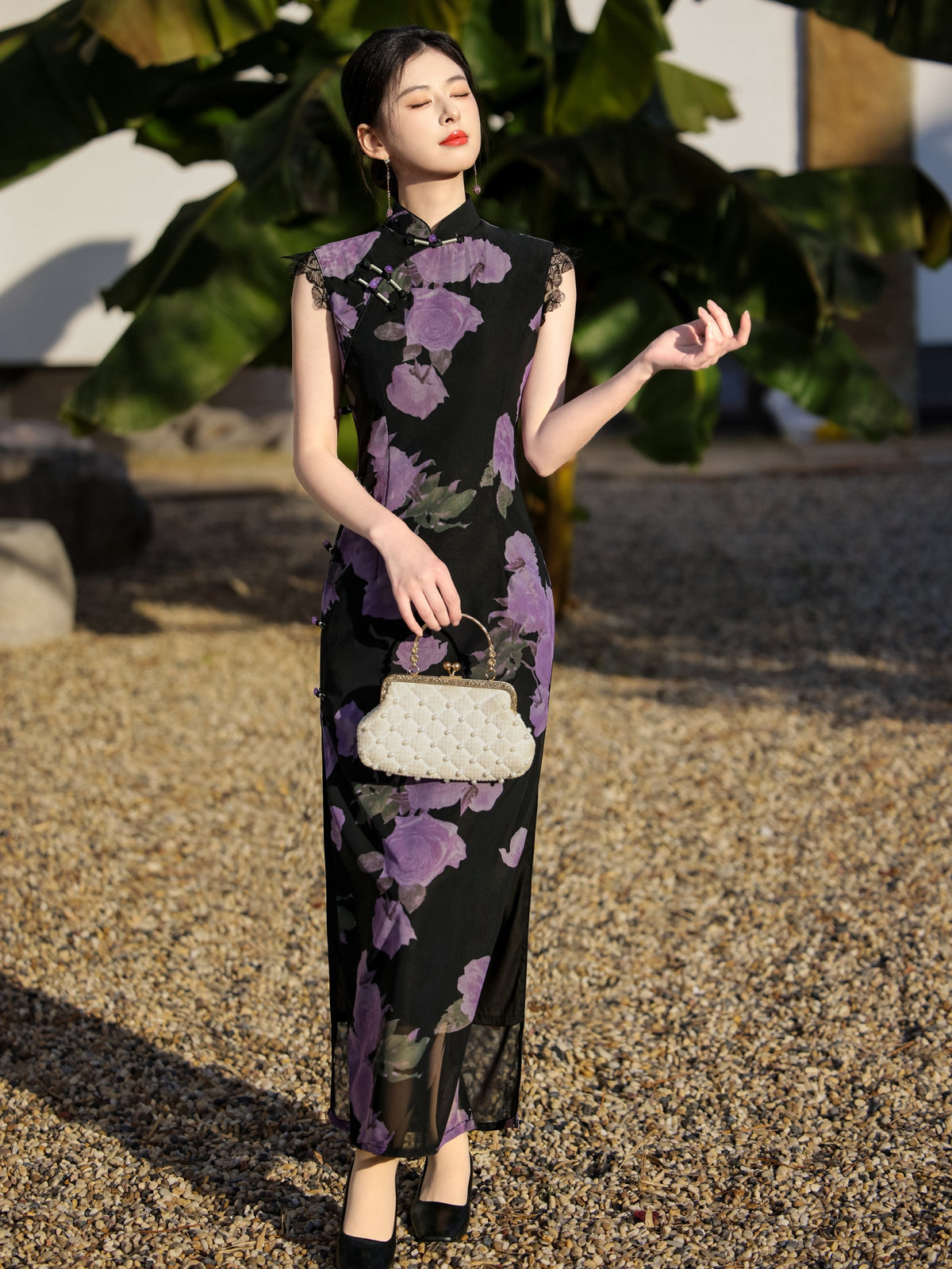 Mysterious Rose - Sleeveless Floral Purple Long Cheongsam