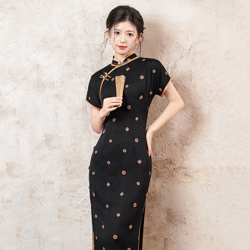 Xuanwen 玄纹 - Short Sleeve Retro Style Long Cheongsam