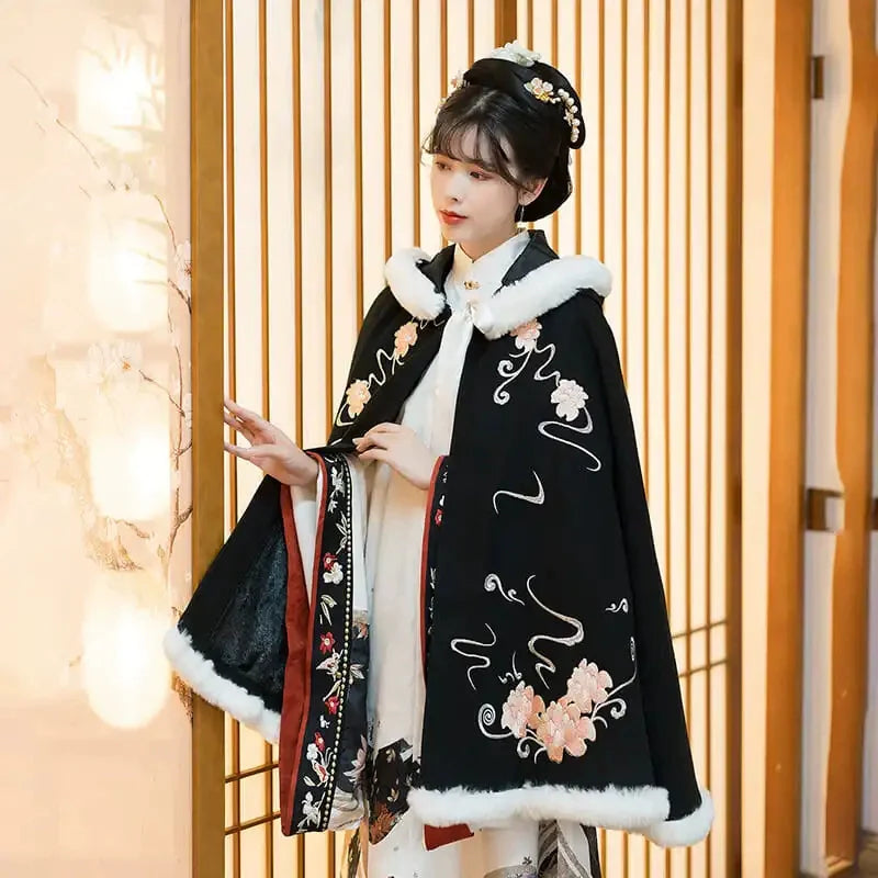 Flowers - Plus-size Hooded Fleece Cloak for Hanfu