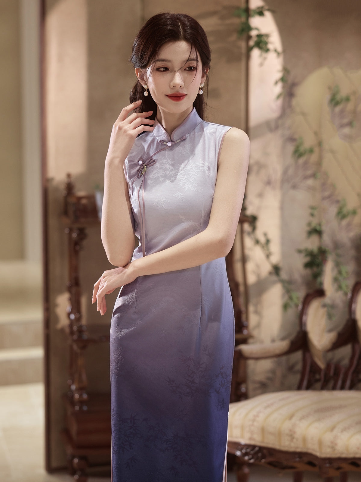 Lilac Mint - Sleeveless Purple Midi Cheongsam