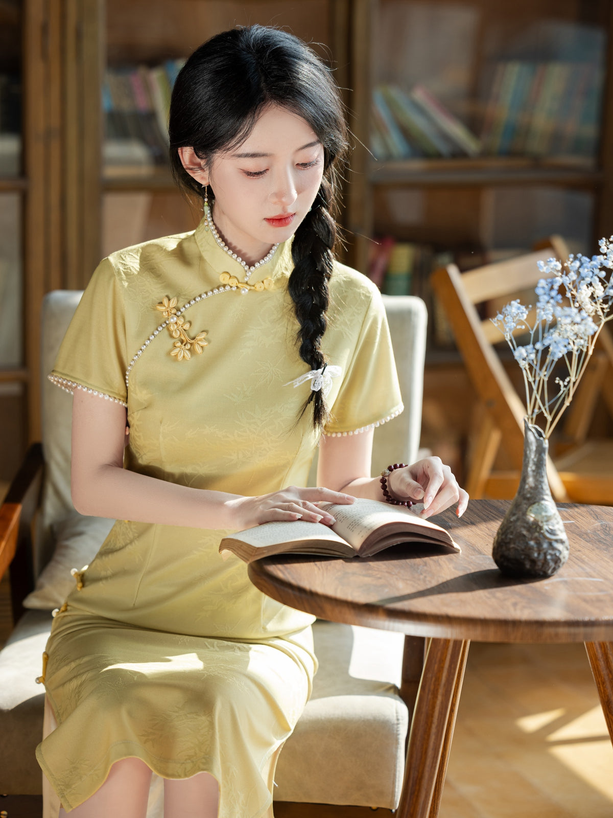 Fusu 扶苏 - Short Sleeve Vintage Yellow Midi Cheongsam
