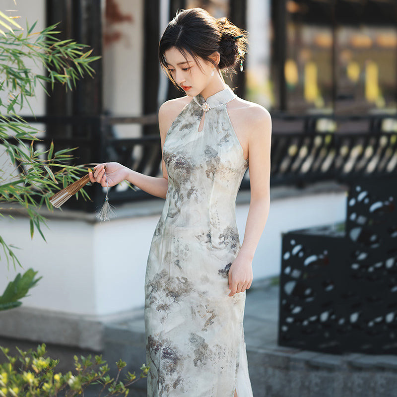 Cold Ink 清冷水墨 - Halter Neck Midi Cheongsam