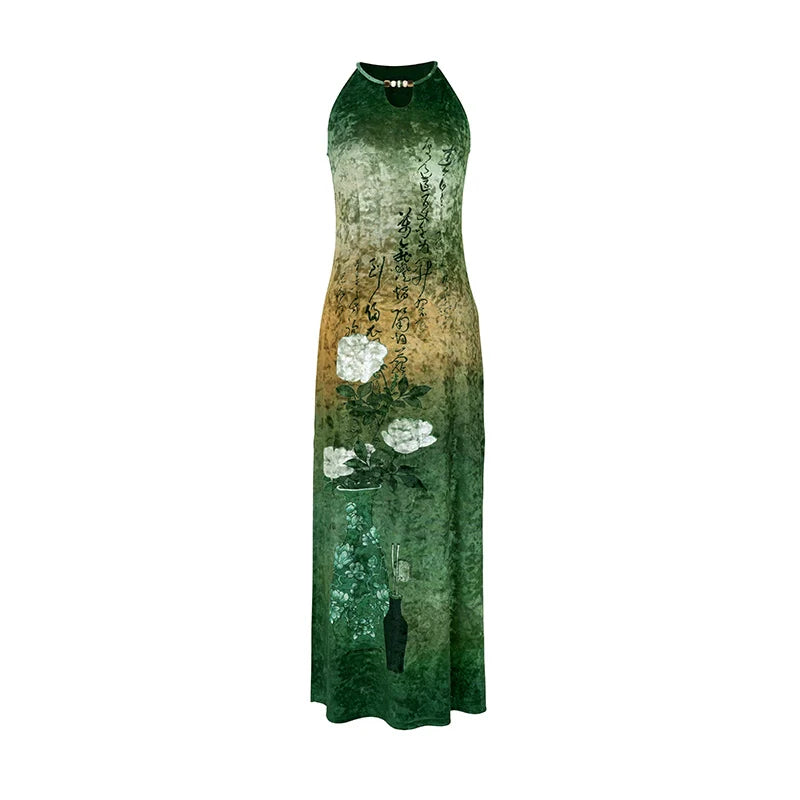 New Chinese Style Retro Cut Halter Neck Dress