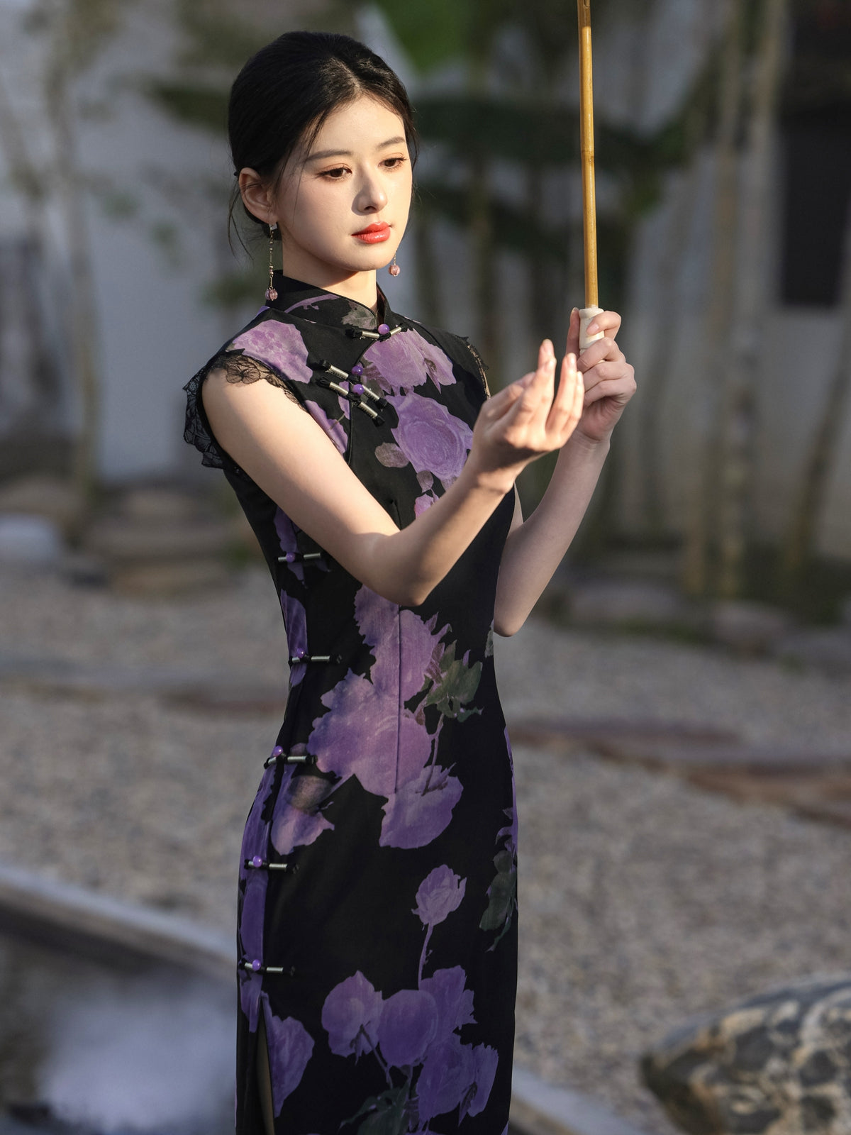 Mysterious Rose - Sleeveless Floral Purple Long Cheongsam