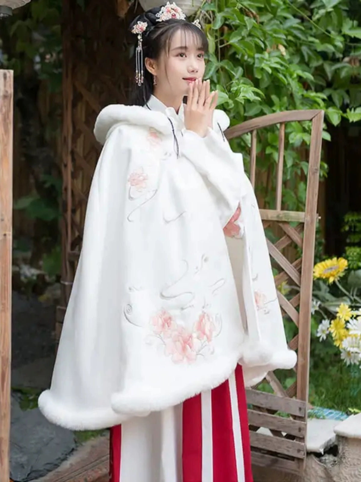 Flowers - Plus-size Hooded Fleece Cloak for Hanfu