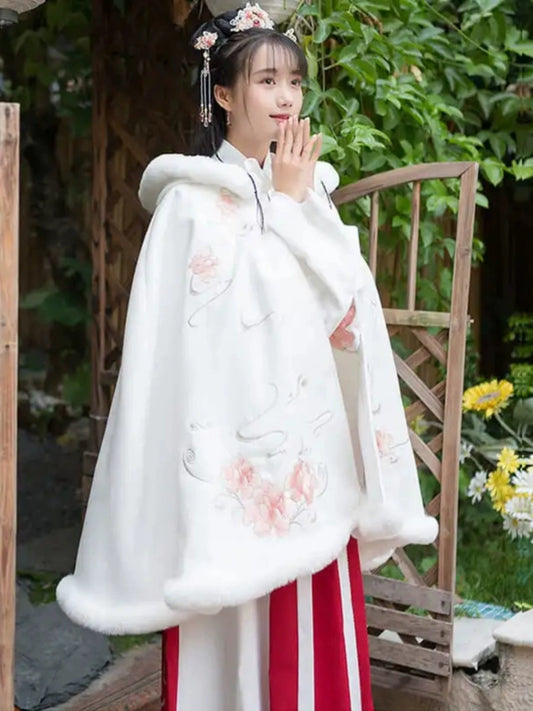 Flowers - Plus-size Hooded Fleece Cloak for Hanfu
