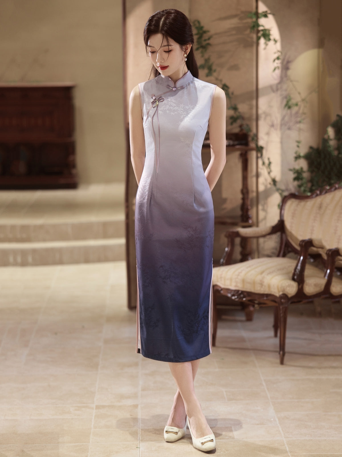 Lilac Mint - Sleeveless Purple Midi Cheongsam