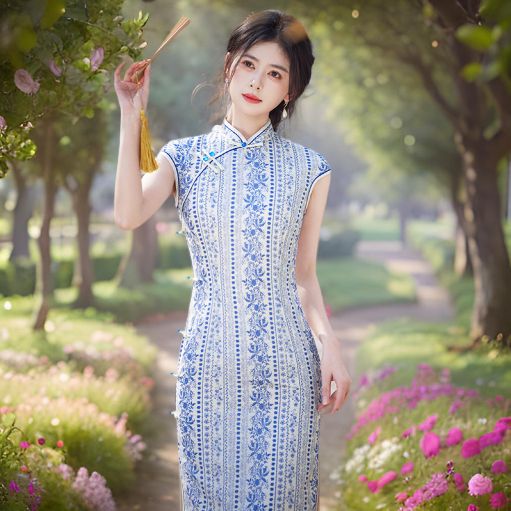 Porcelain Sky 青花瓷 - Sleeveless Bamboo Hemp Long Cheongsam
