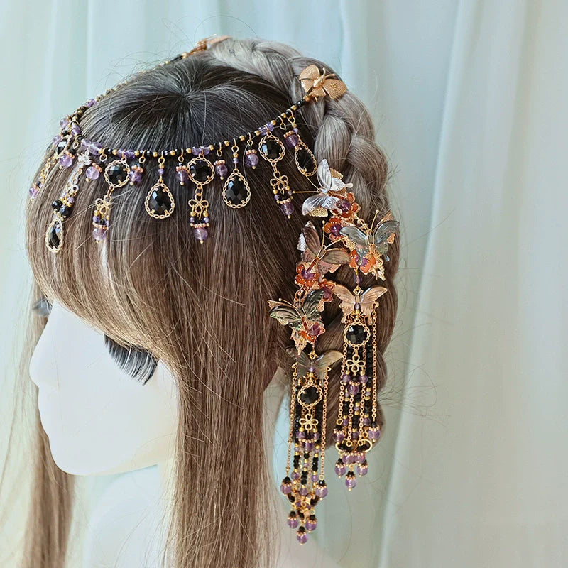 Long Tassels Hair Clip: Dark Butterfly