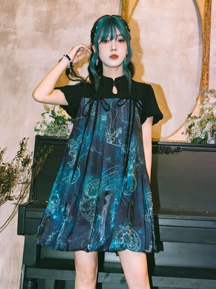 Floating Glow 蓝界浮荧 - New Chinese Sweet Short Sleeve Jellyfish Print Summer Dress (Preorder)