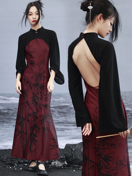 Garnet - Women's Summer New Chinese Style Halter Neck Cheongsam Dress