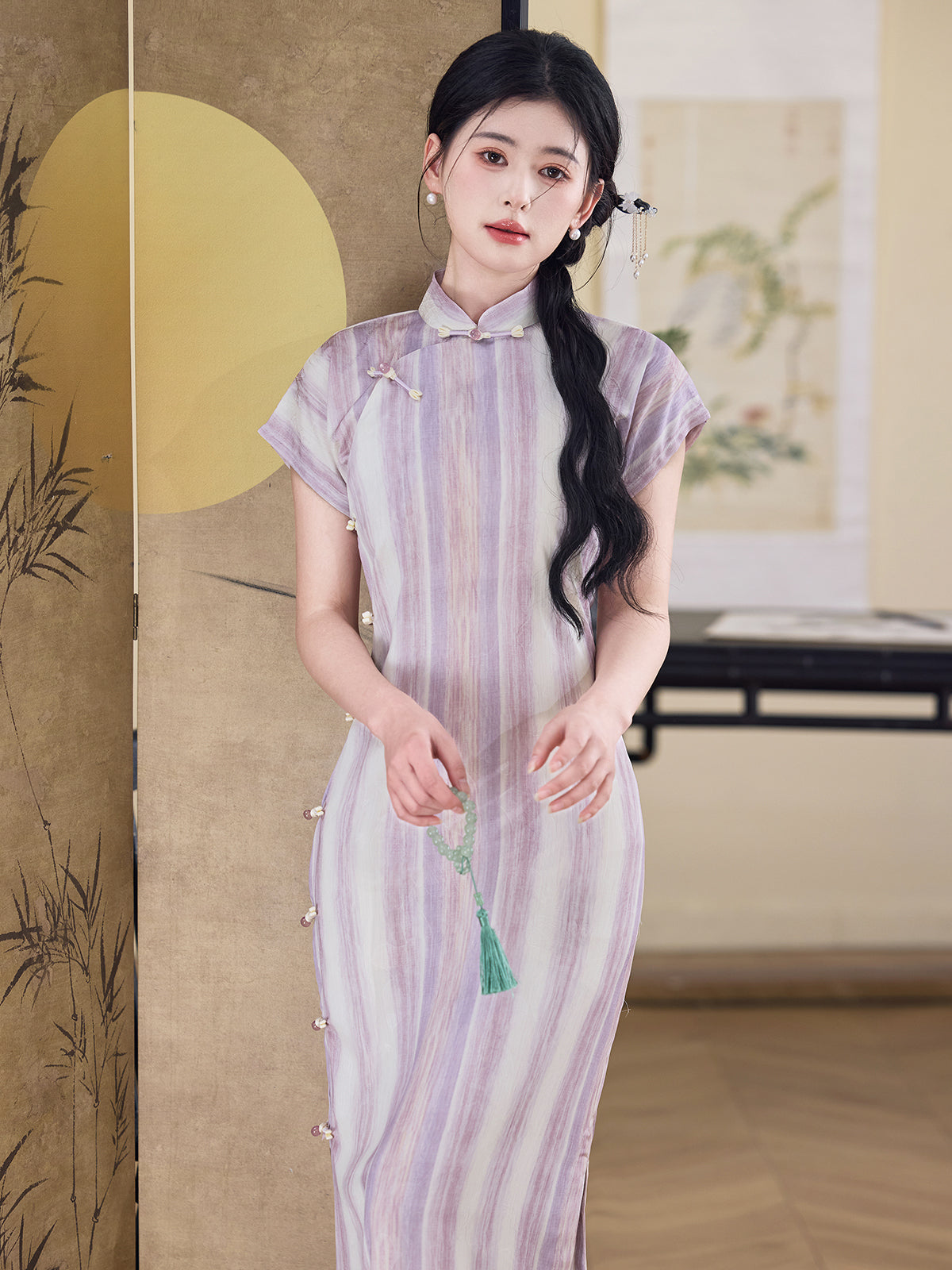 Light and Dust 和光同尘 - Short Sleeve Retro Stripes Long Cheongsam