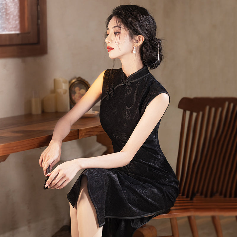 Moyu Lingyun 墨羽灵韵 - Sleeveless Old Shanghai Retro Style Black Cheongsam