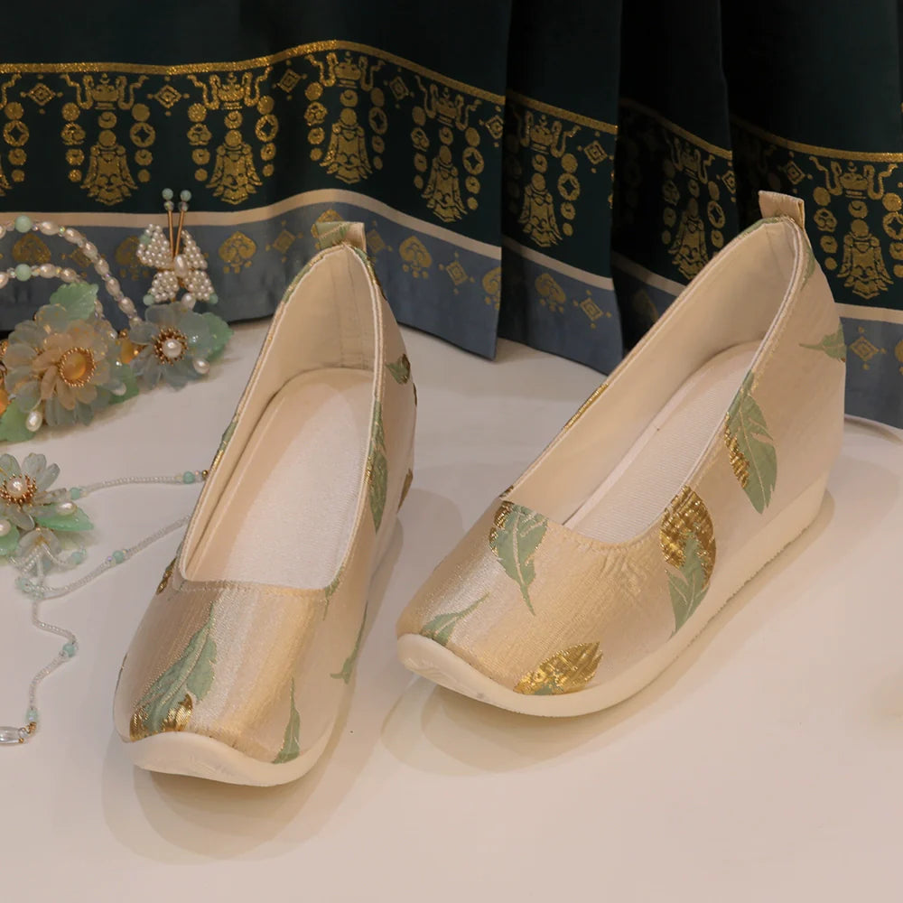 Golden Jade Leaf - Traditional Satin Shoes for Hanfu