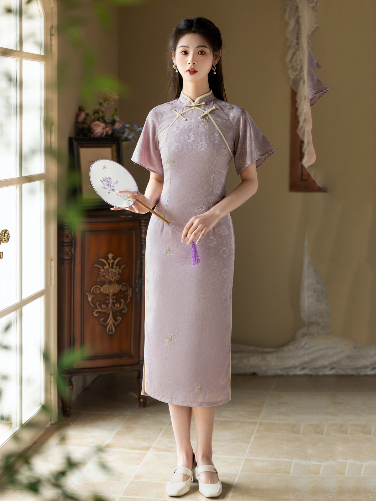 Sweet Lilac - Flare Sleeve Spring Purple Midi Cheongsam