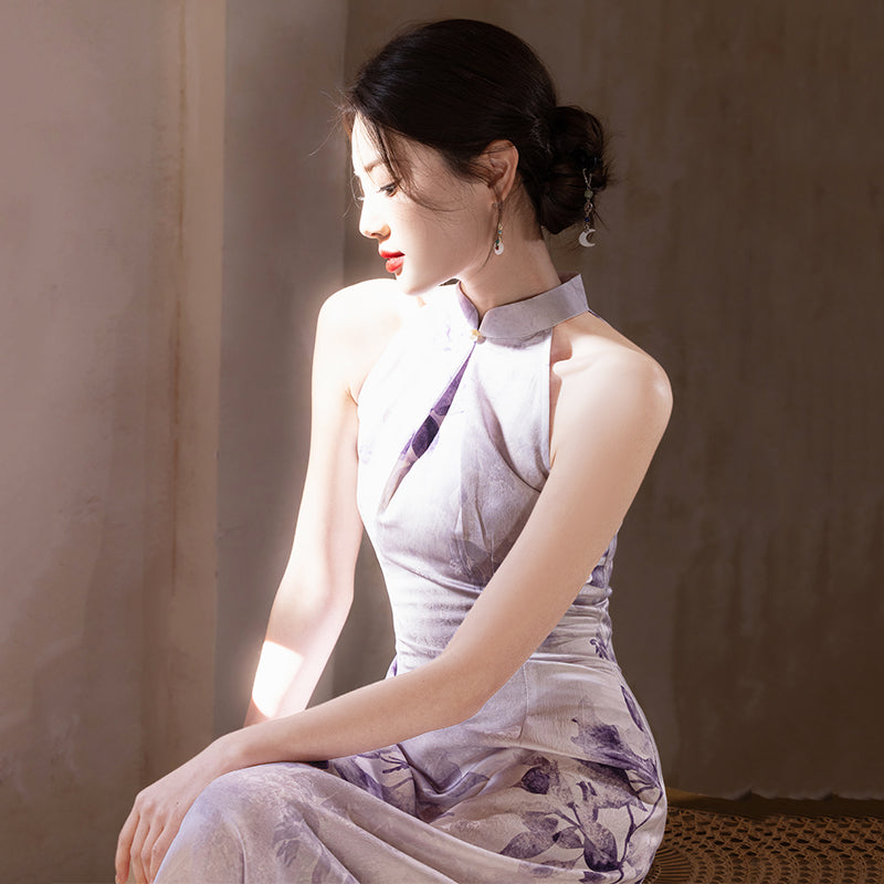 Purple Elegant Flowers 雅紫繁花 - Halter Neck Satin Long Cheongsam