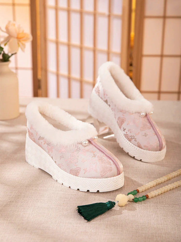 Mary - Furry Brocade Hanfu Shoes for Winter