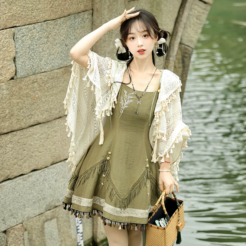 Qi Lolita Ming Dynasty Hanfu Cottage Inspired Dress, Rusty Green