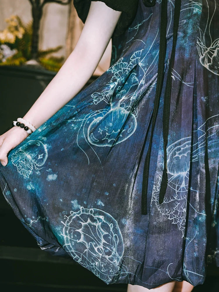 Floating Glow 蓝界浮荧 - New Chinese Sweet Short Sleeve Jellyfish Print Summer Dress (Preorder)
