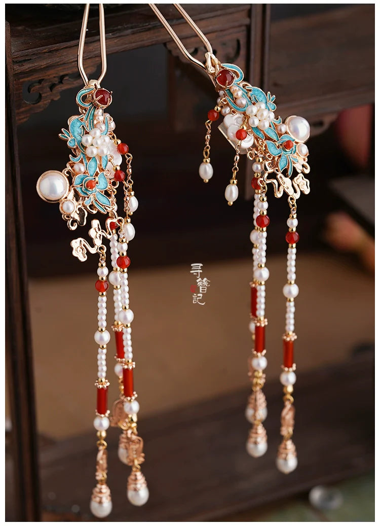 Long Tassels Hair Pins: Jade Flowers