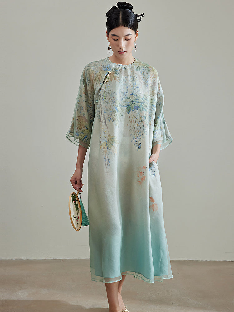 Flower Gradient - 100% Mulberry Silk Loose Cheongsam Dress