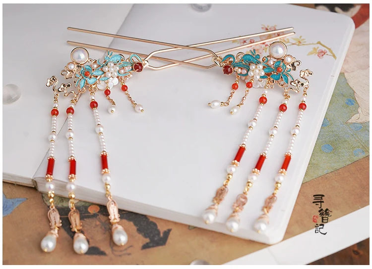 Long Tassels Hair Pins: Jade Flowers