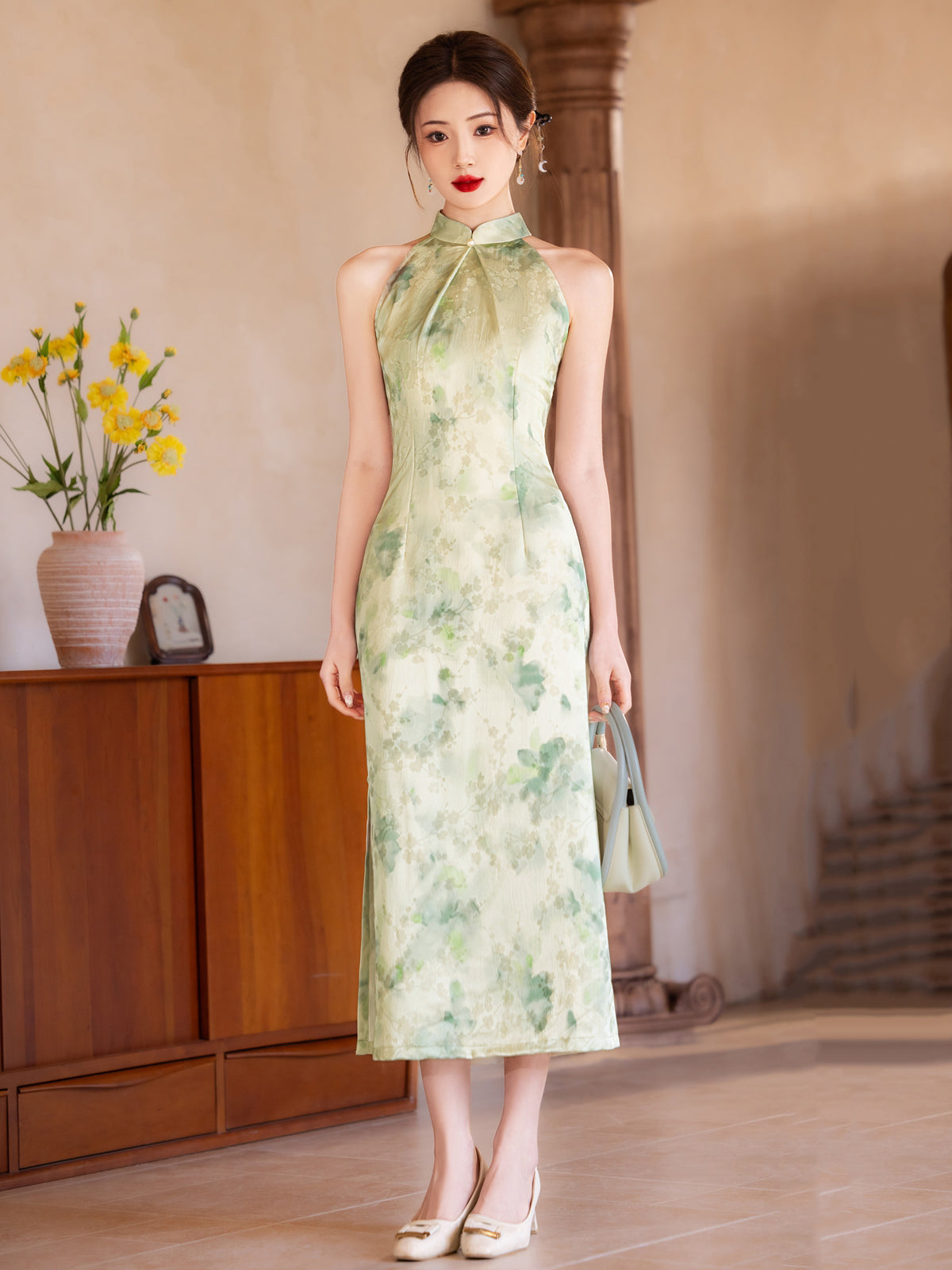 Minty - Halter Neck Satin Midi Green Cheongsam