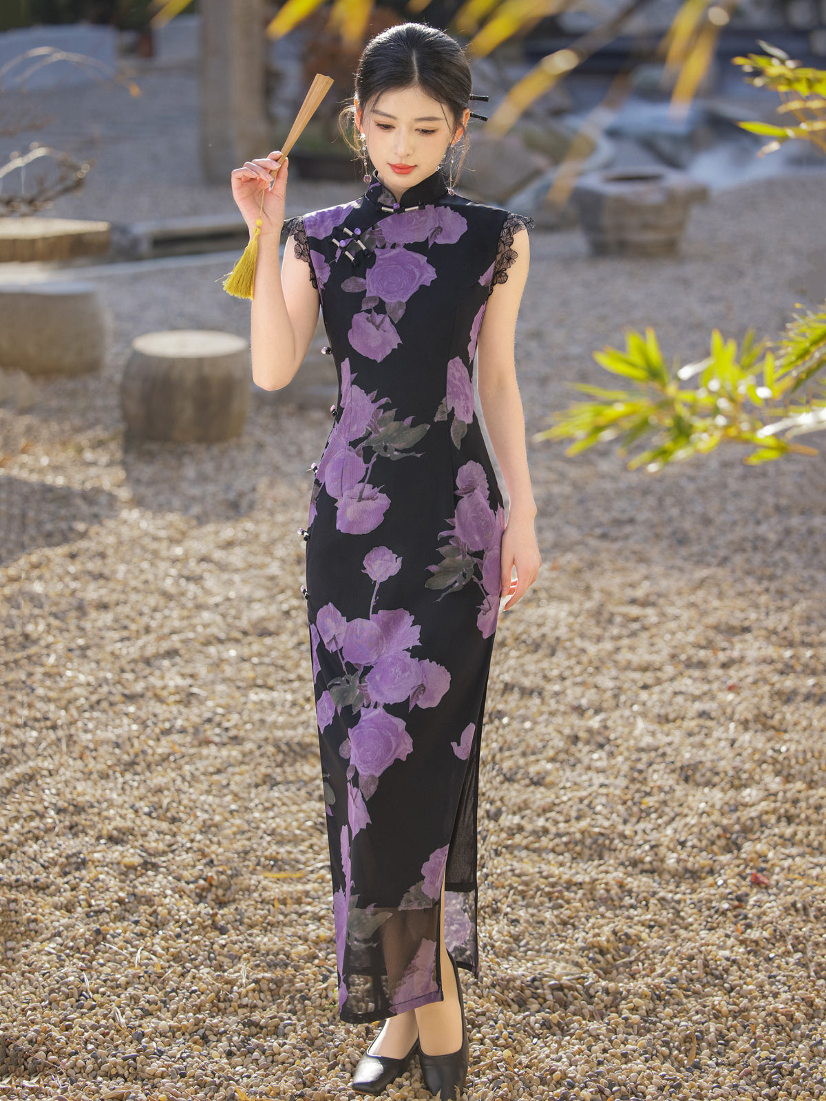 Mysterious Rose - Sleeveless Floral Purple Long Cheongsam