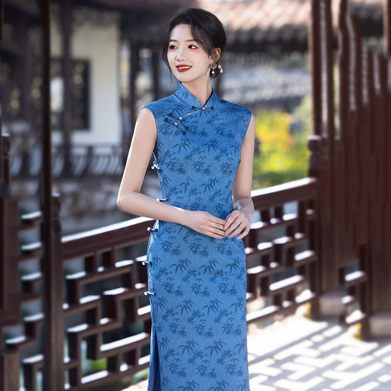 Sea Bamboo - Sleeveless Long Cheongsam Dress