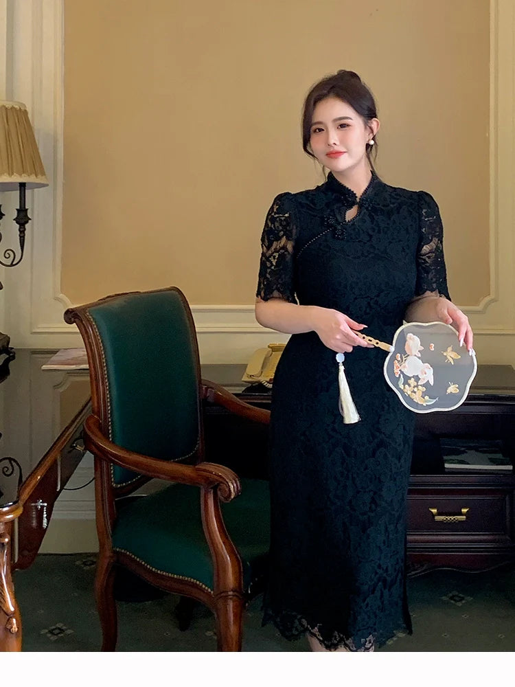Short Sleeve Lace Cheongsam Dress, Whispers 林莺絮语
