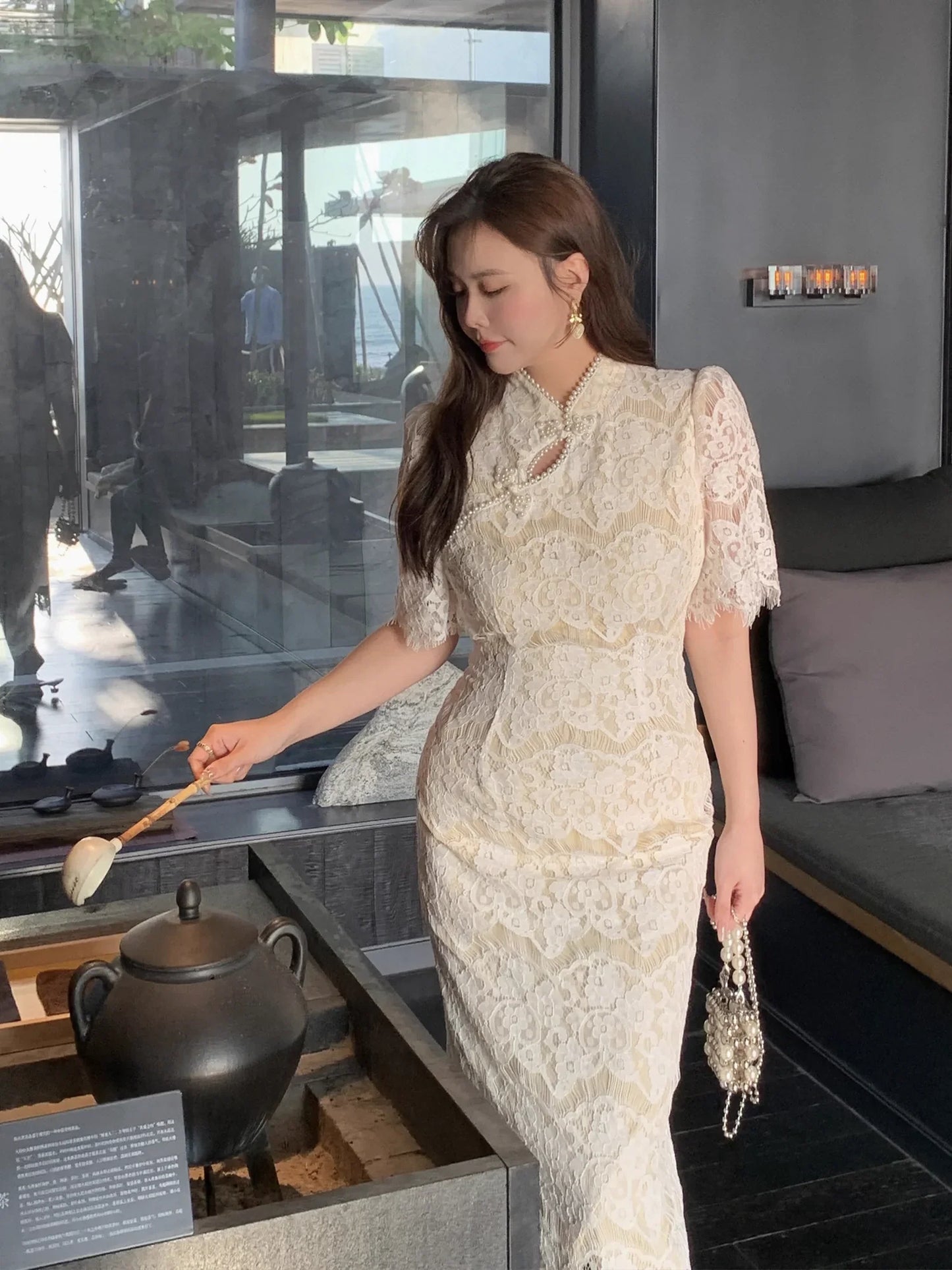Short Sleeve Lace Cheongsam Dress, Whispers 林莺絮语