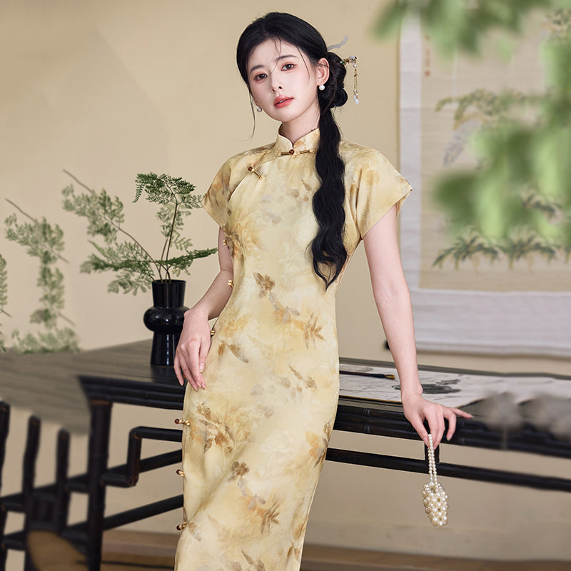 Golden Jade - Short Sleeve Vintage Style Long Cheongsam