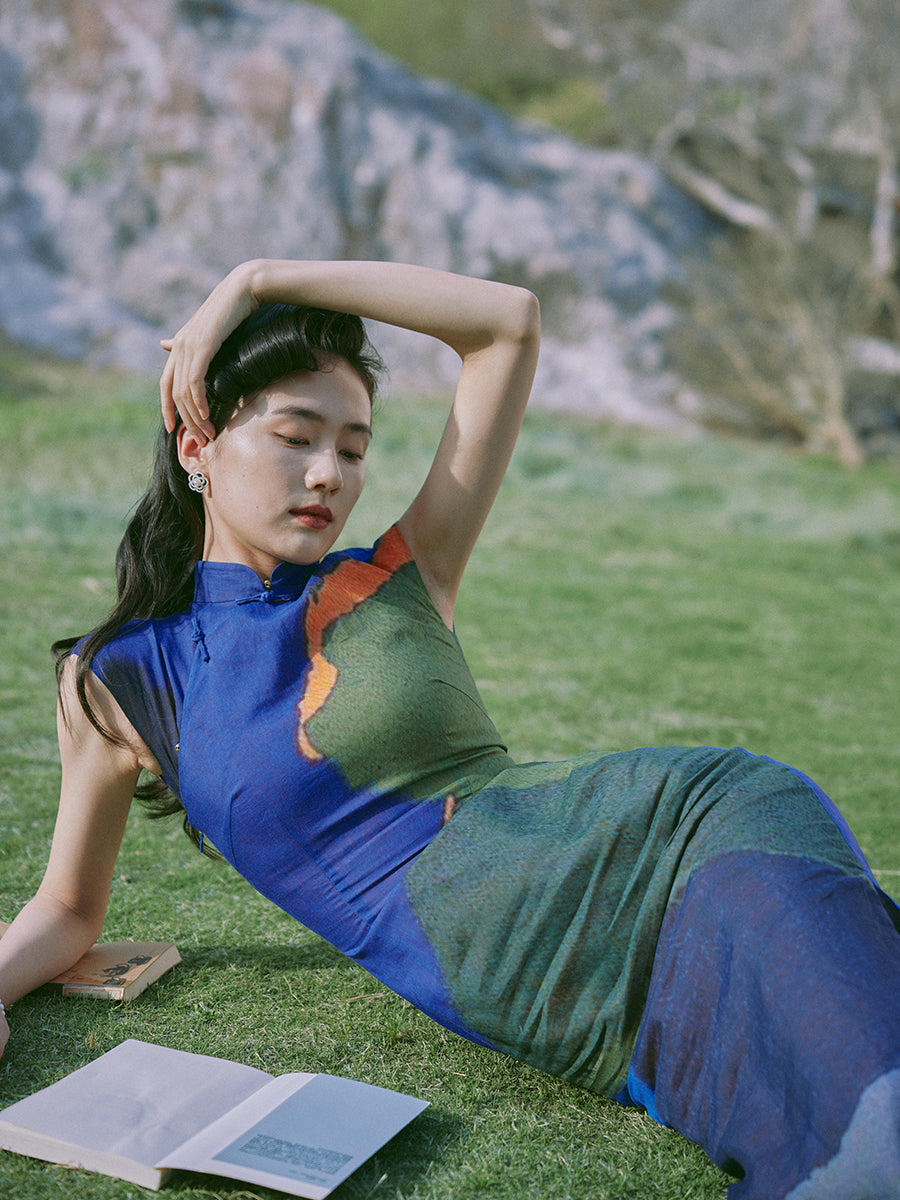 Gradual Spring 渐青 - Spring and Summer Short Sleeve Hong Kong-Style Ramie Cheongsam (Preorder)