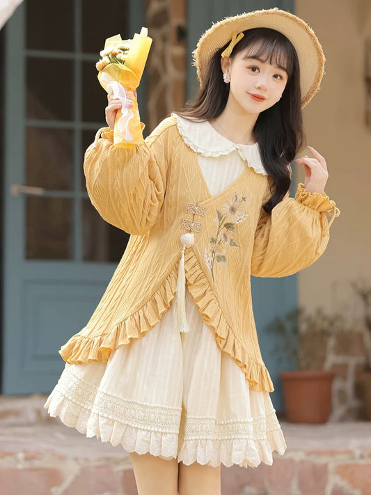 Qi Lolita Ming Dynasty Hanfu Cottage Inspired Outfit, Sunflower