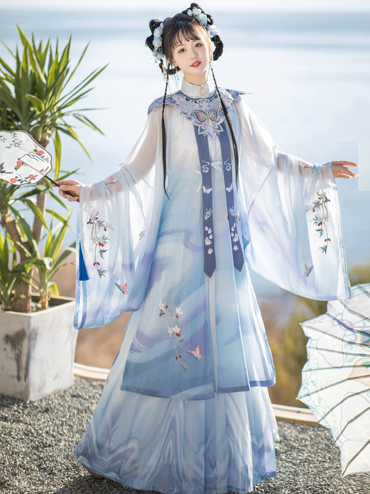 Butterflies and Clouds - Cloud Collar & Pleated Skirt Ming Dynasty Hanfu Set