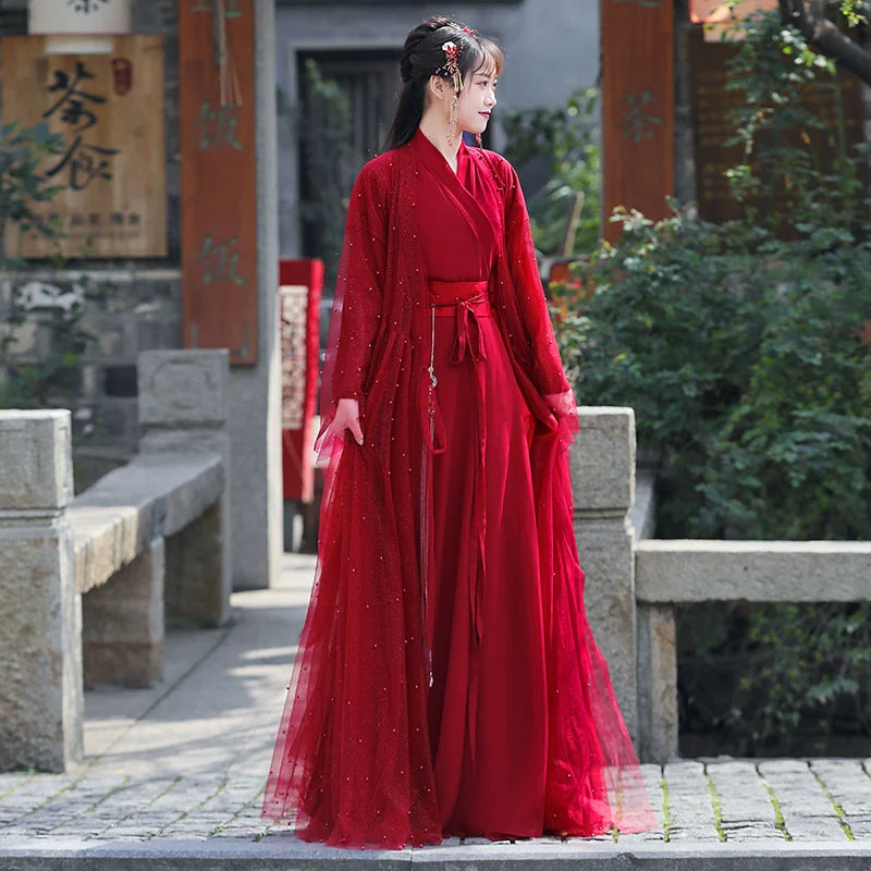 WJNS Dynasties Hanfu - Cross Collar Jiaoling Ruqun in Scarlett