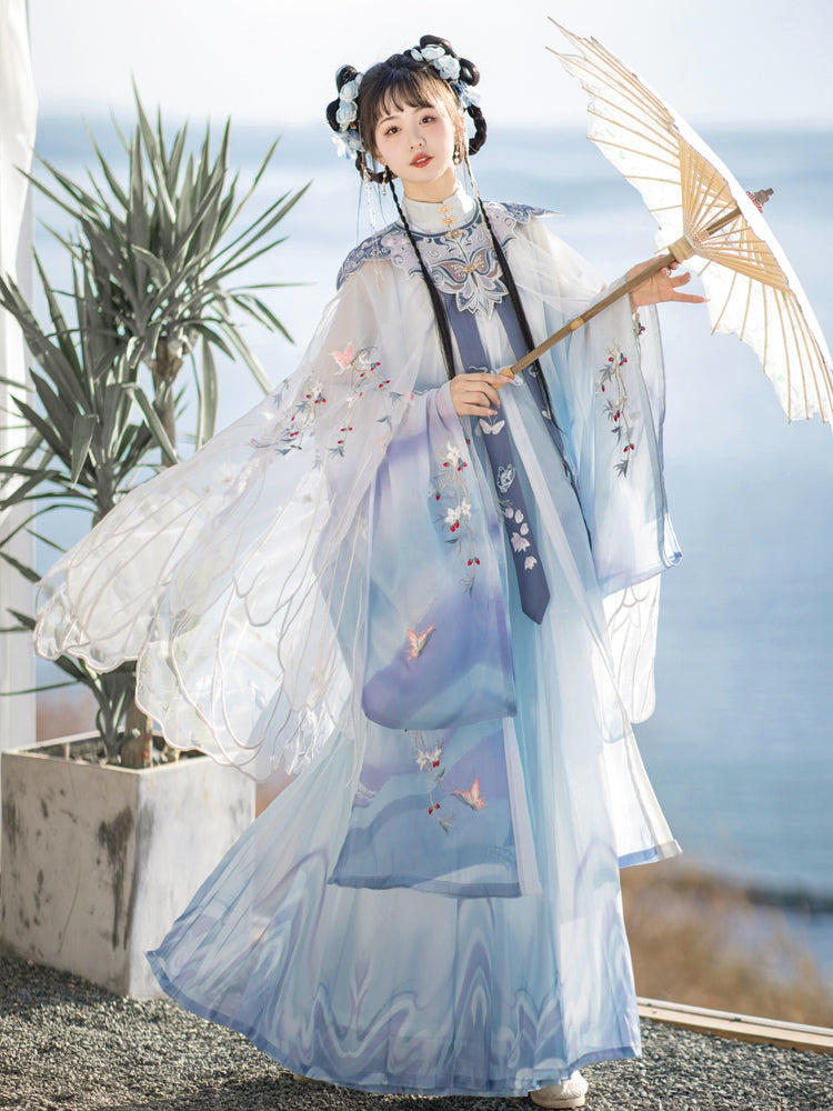 Butterflies and Clouds - Cloud Collar & Pleated Skirt Ming Dynasty Hanfu Set