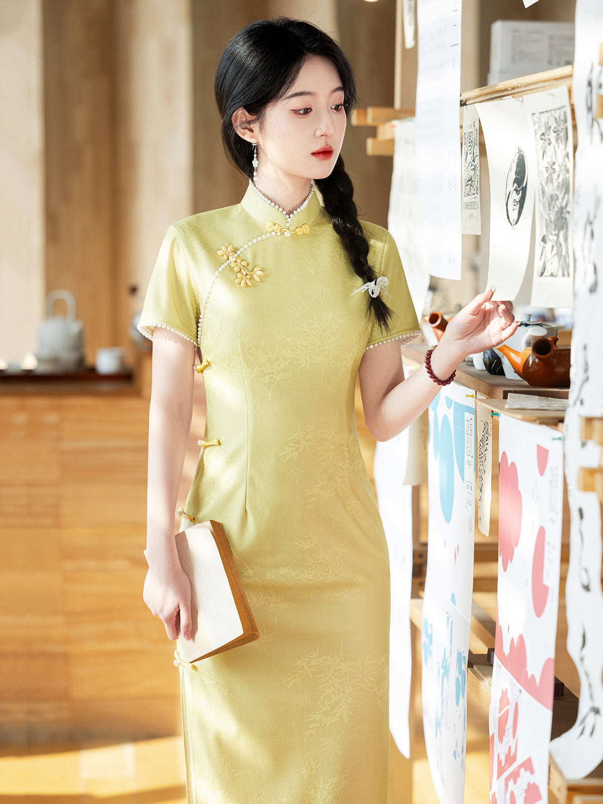 Fusu 扶苏 - Short Sleeve Vintage Yellow Midi Cheongsam