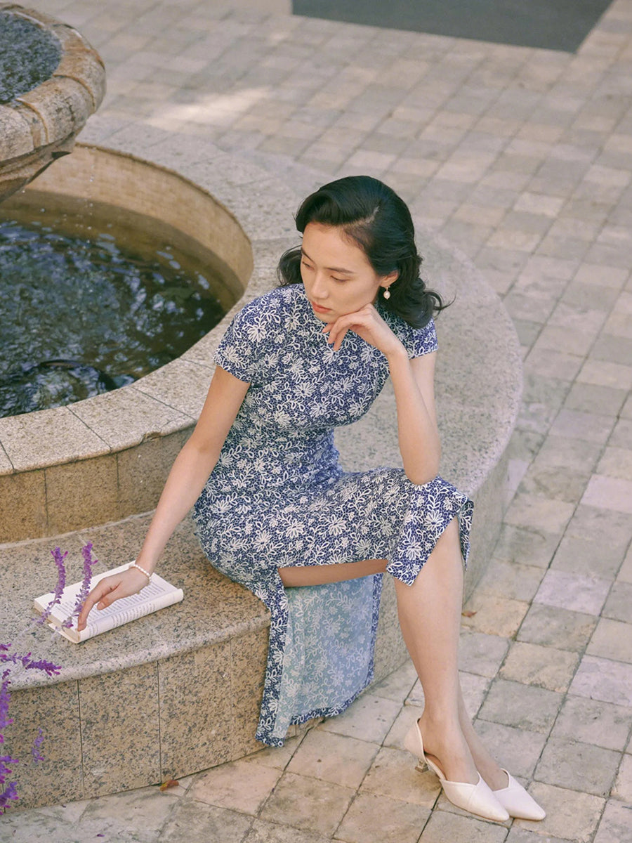 Porcelain Strands 瓷缕 - Cotton Short Sleeves Mid Length Retro Cheongsam (Preorder)