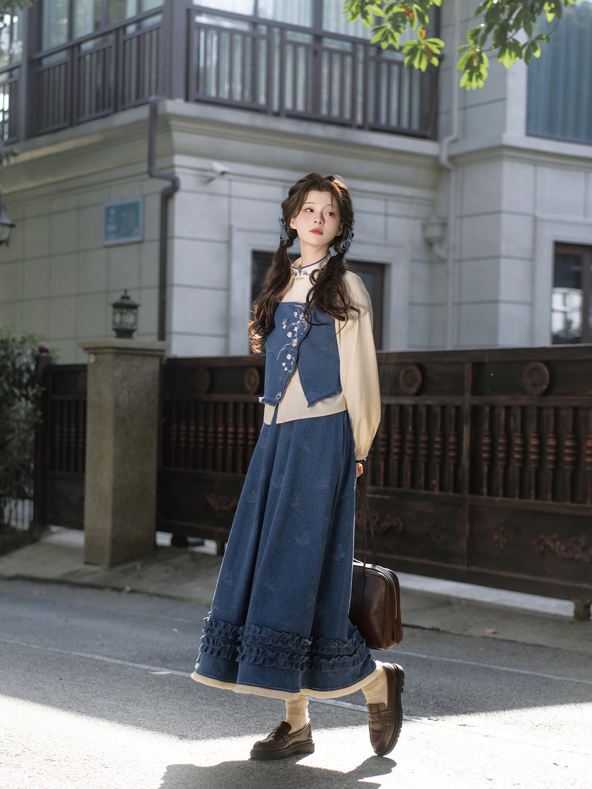 Cat Thread 猫线 - New Chinese Style Daily College Denim Skirt Set