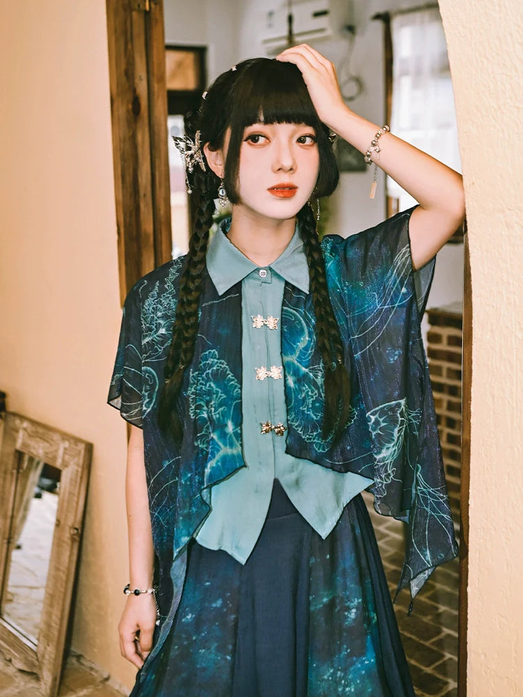 Floating Glow Top 蓝界浮荧 - New Chinese Double Chiffon Cotton Shirt