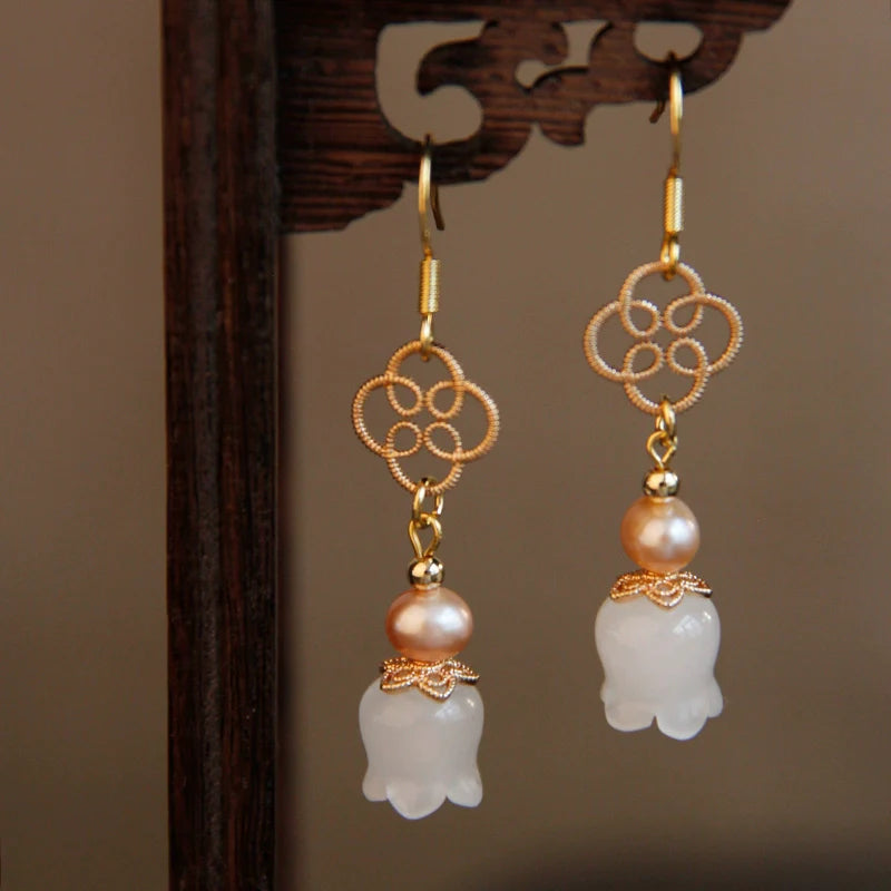 White Jade Lily Chinese Style Earrings