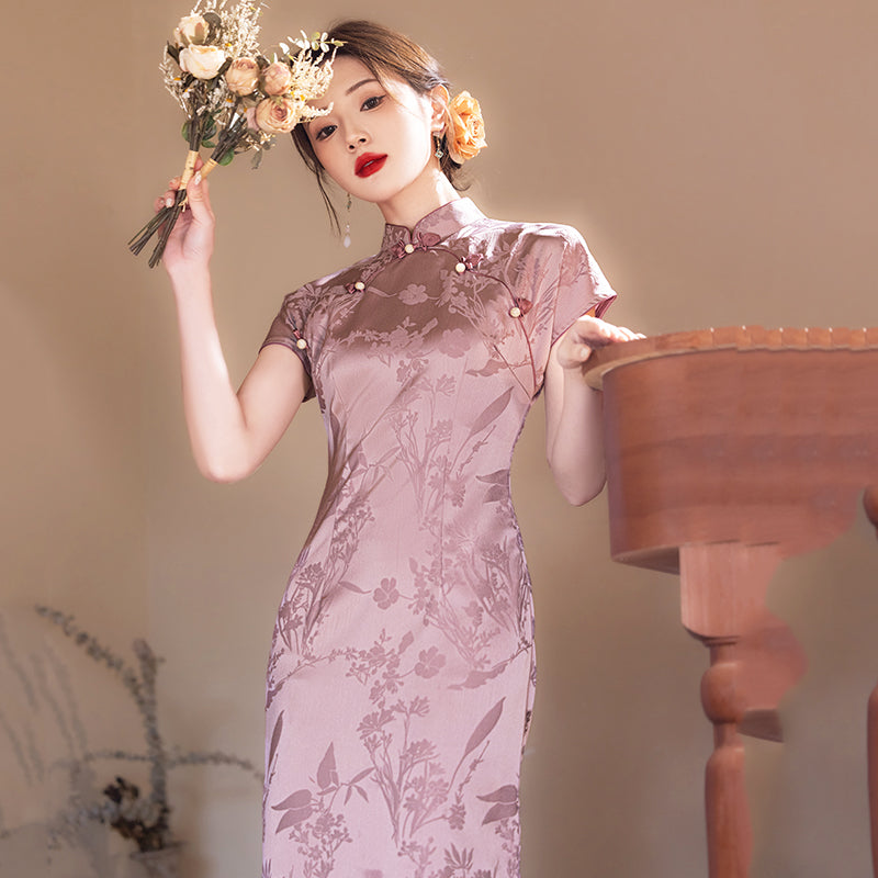 Zhao Yuan 昭愿 - Short Sleeve Satin Pink Long Cheongsam