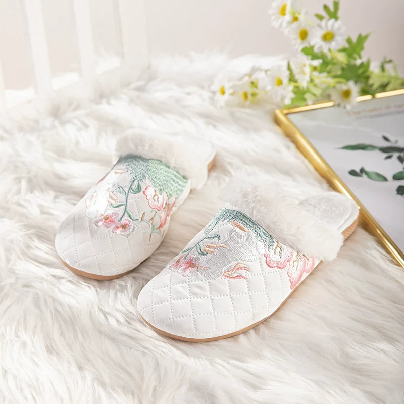 Jasmine - Embroidered Qipao Slip-On Furry Shoes