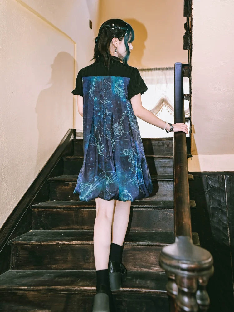 Floating Glow 蓝界浮荧 - New Chinese Sweet Short Sleeve Jellyfish Print Summer Dress (Preorder)