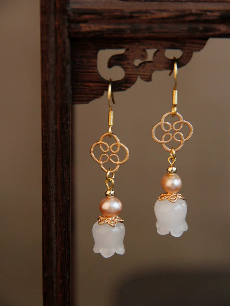 White Jade Lily Chinese Style Earrings