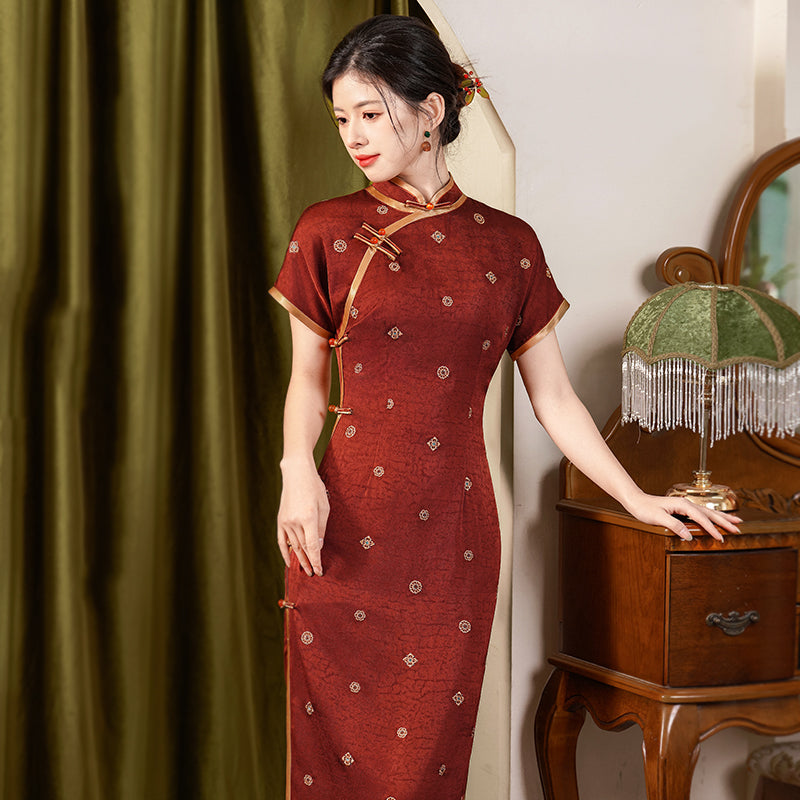Xuanwen 玄纹 - Short Sleeve Retro Style Long Cheongsam