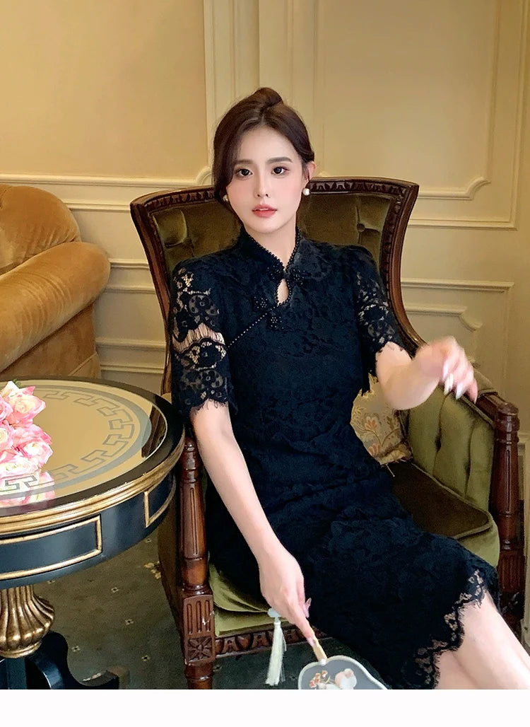 Short Sleeve Lace Cheongsam Dress, Whispers 林莺絮语