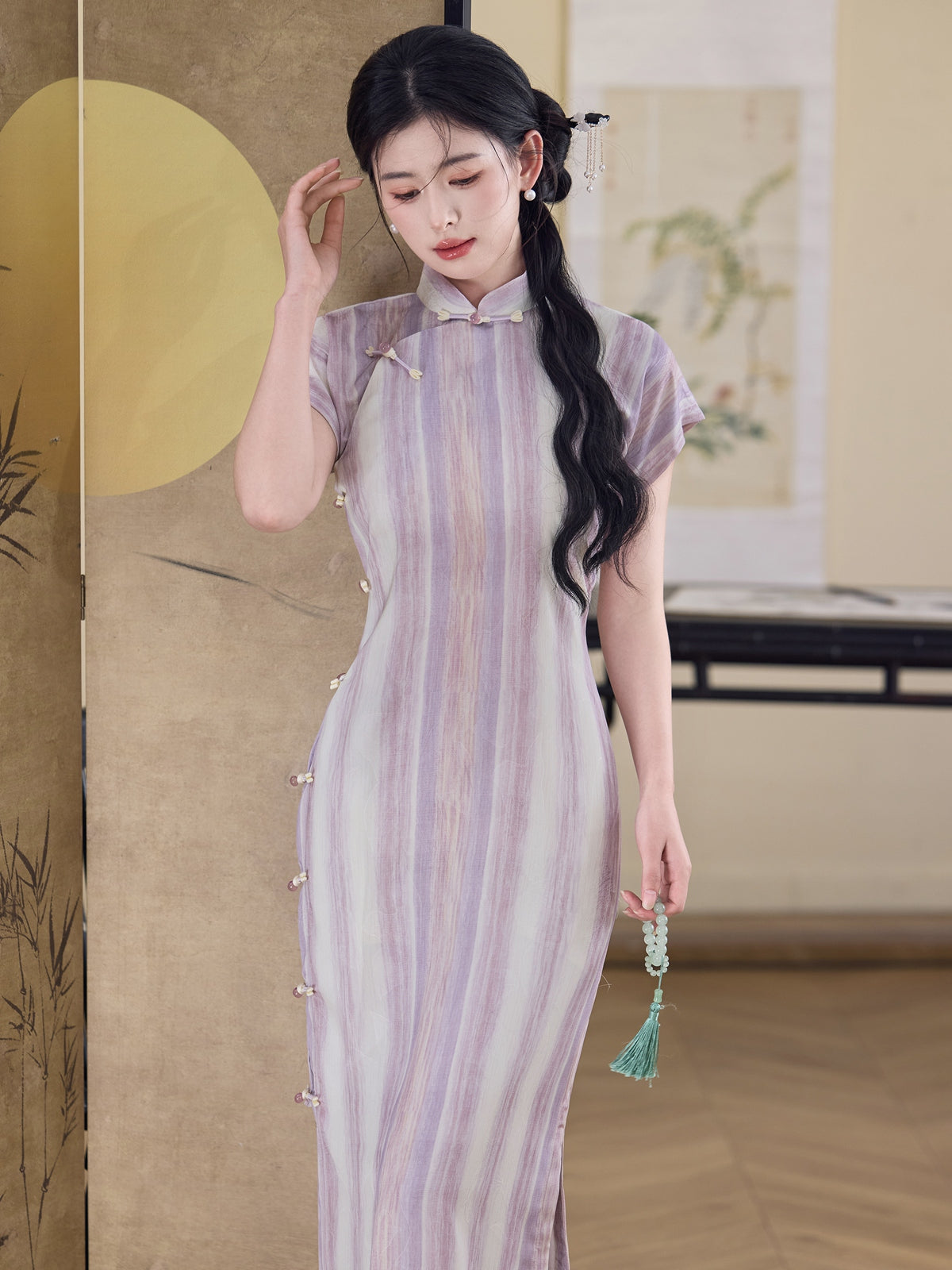 Light and Dust 和光同尘 - Short Sleeve Retro Stripes Long Cheongsam
