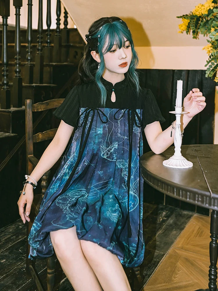 Floating Glow 蓝界浮荧 - New Chinese Sweet Short Sleeve Jellyfish Print Summer Dress (Preorder)